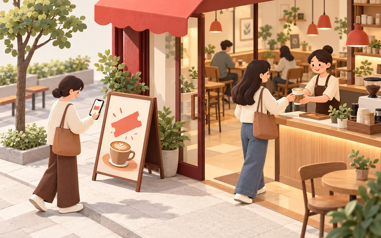 咖啡店门口顾客扫码领体验券并到店消费的场景示意
