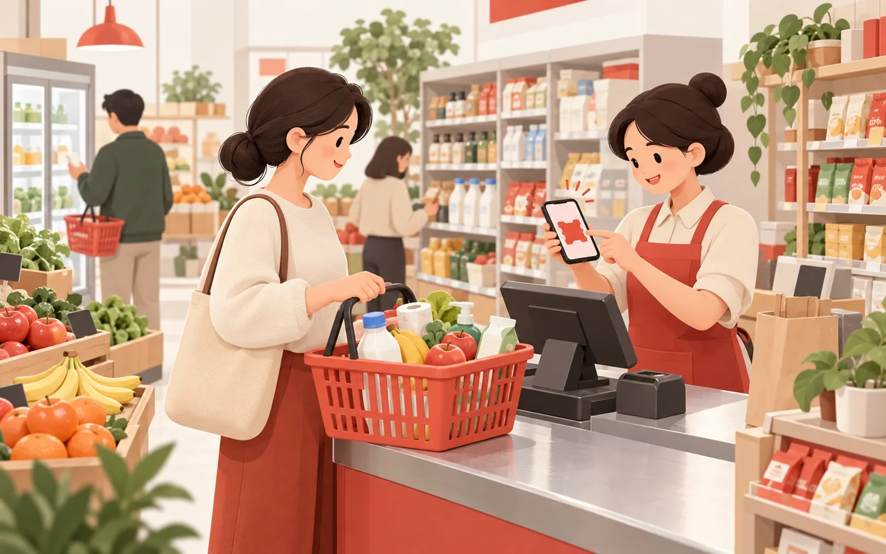 顾客选购商品后在收银台使用满减券的场景示意